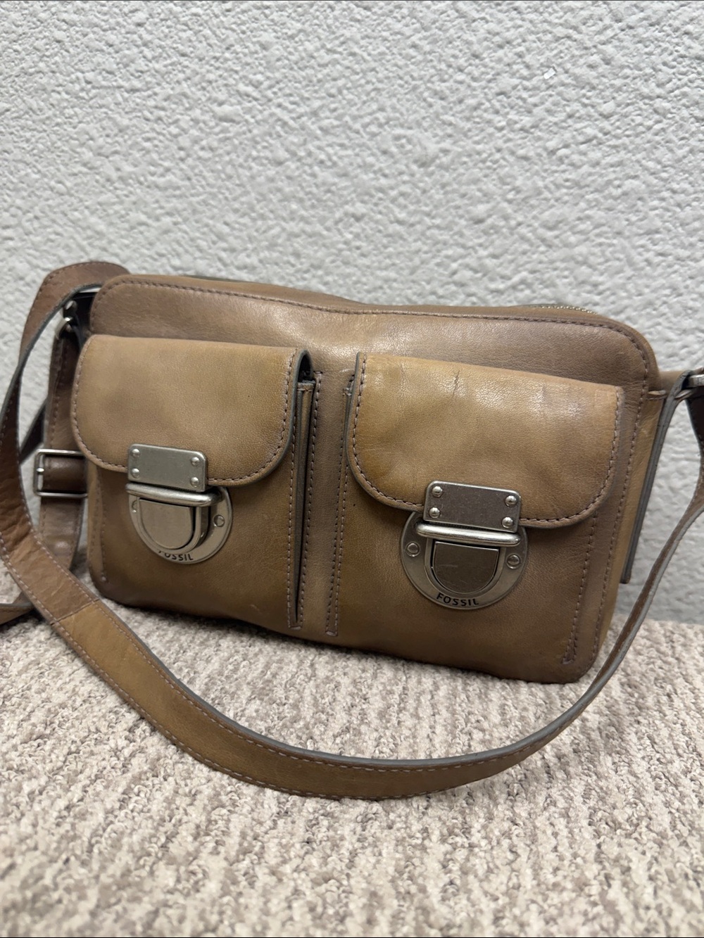 Vintage Fossil Brown Leather Double-Pocket Crossbody Bag